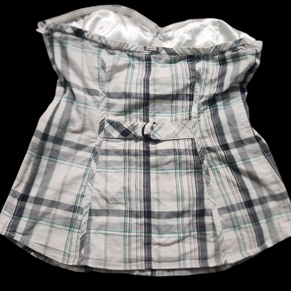 G By Guess Black,White & Teal Plaid Tube Top - Picture 2 of 6